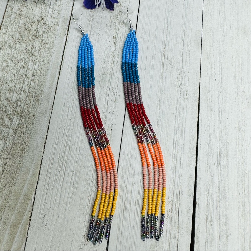Long Seed Beaded Earrings Native American Themed Beaded Jewelry 6" Long Colorful